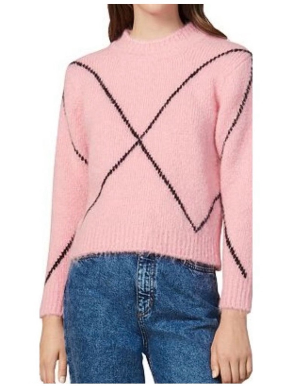 Sandro Pink Crewneck Sweater with Black Stitch Detail Mohair Blend Small